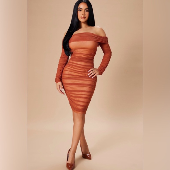 Fashion Nova Ready In A Ruched Off Shoulder Midi Dress Rust/Nude - Picture 2 of 5